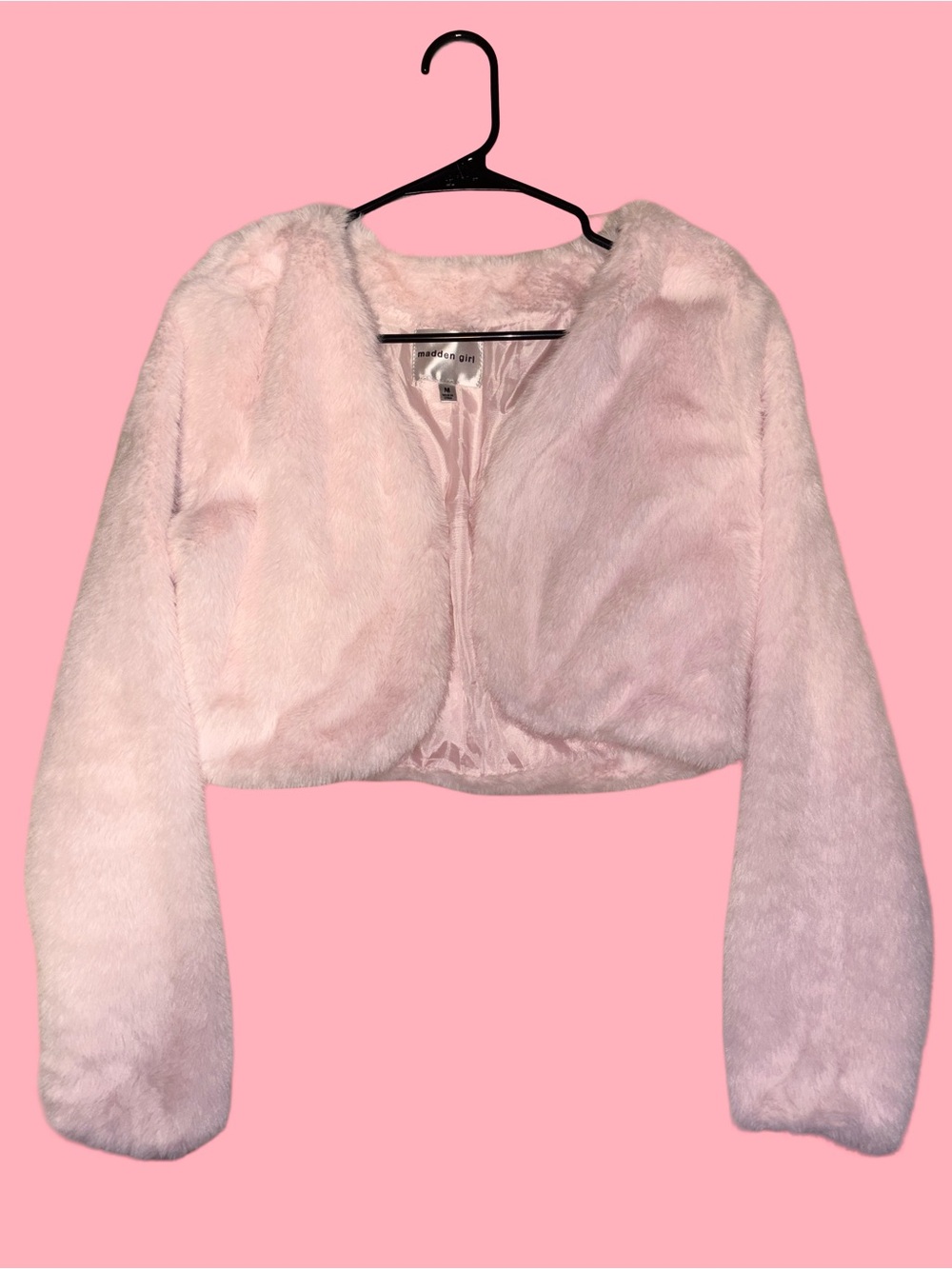 Madden Girl Light Pink Faux Fur Cropped Jacket
